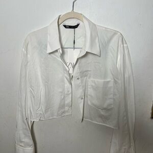 Zara White Cropped Button-Up Shirt